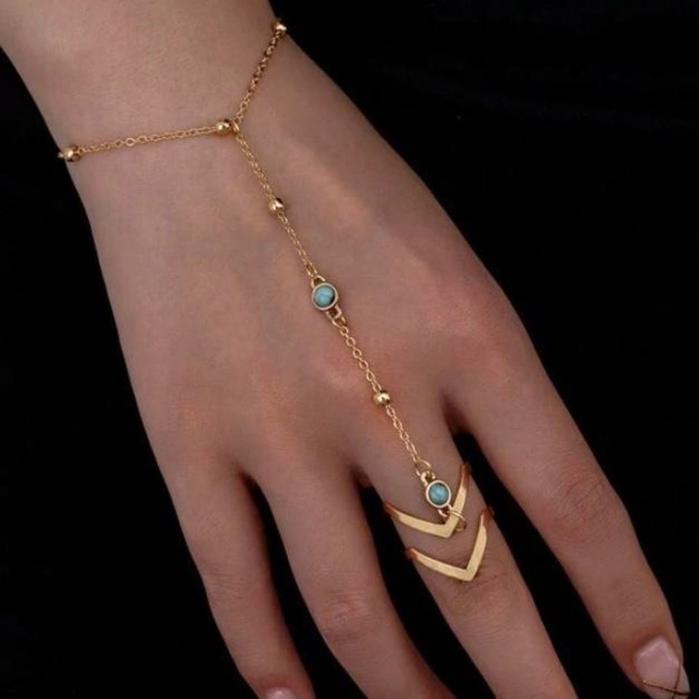 Elegant Gold and Turquoise Hand Chain Bracelet